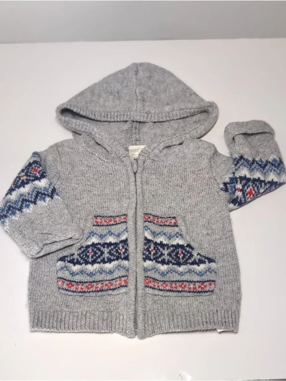 Baby Bgosh Gray Fair Isle Knit Hooded Cardigan Sweater Boys Size 0-3M Unisex